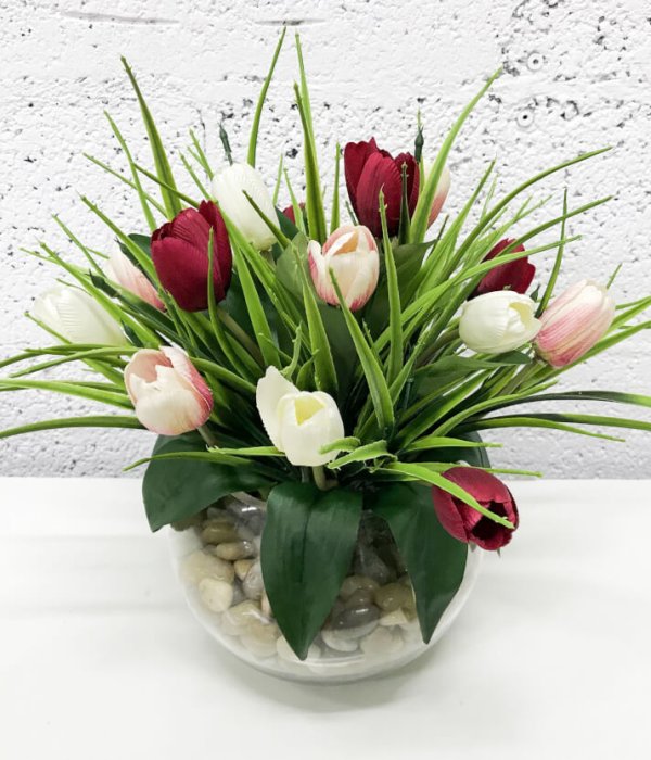 סידור 15 פרחי טוליפים - אדום - לבן